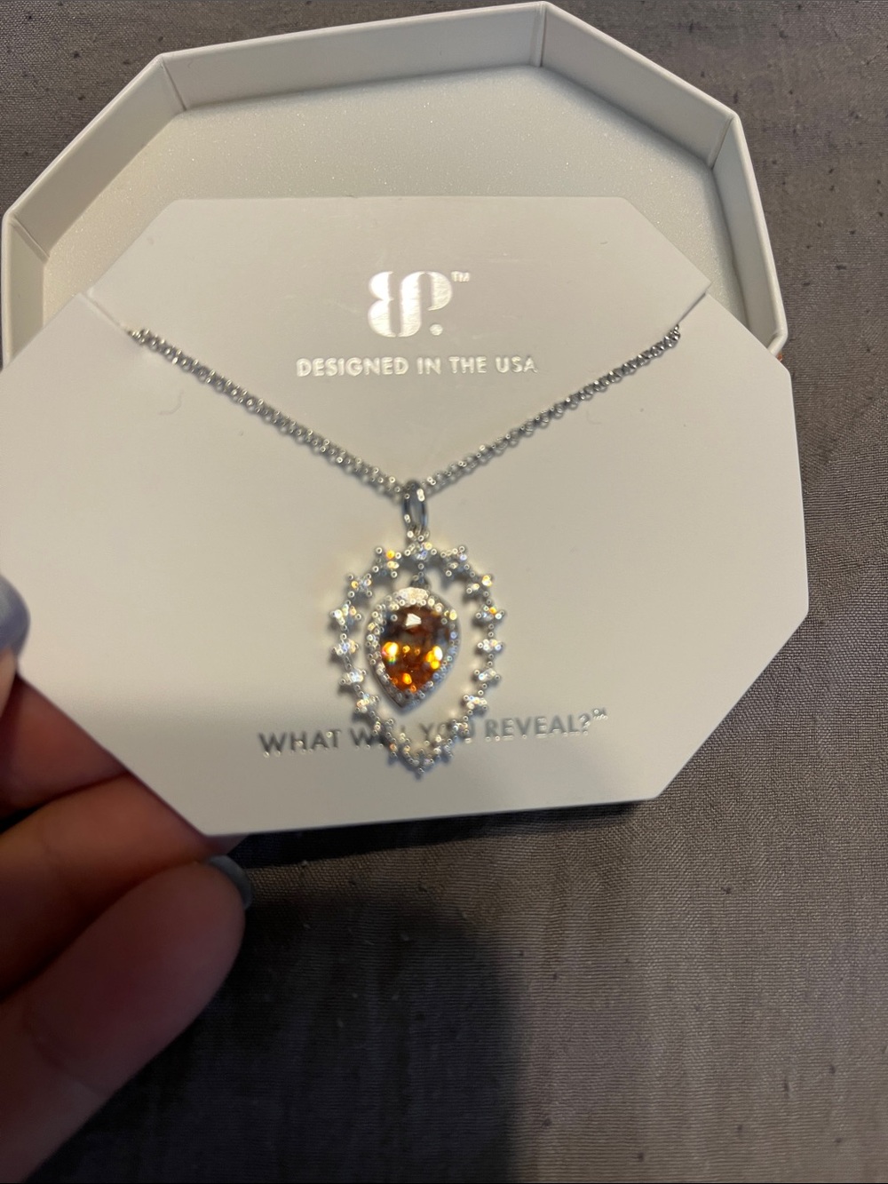 BP Rhodium Necklace with Amber Topaz Teardrop Pendant and Halo Accents - Picture 2 of 4